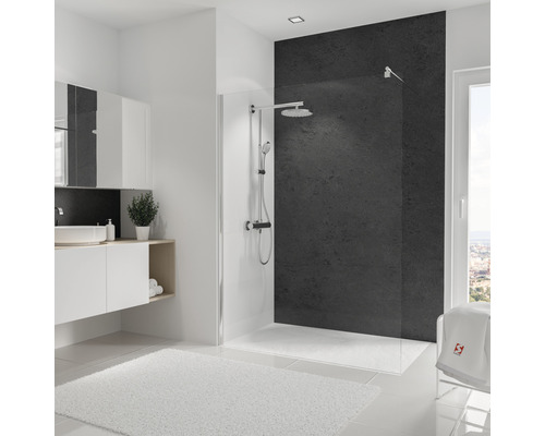 Duschrückwand Schulte Decodesign 2550x1500x3 mm Steinoptik Softtouch Badezimmer mit Dusche, Waschtisch und Badteppich für eine helle und geräumige Atmosphäre