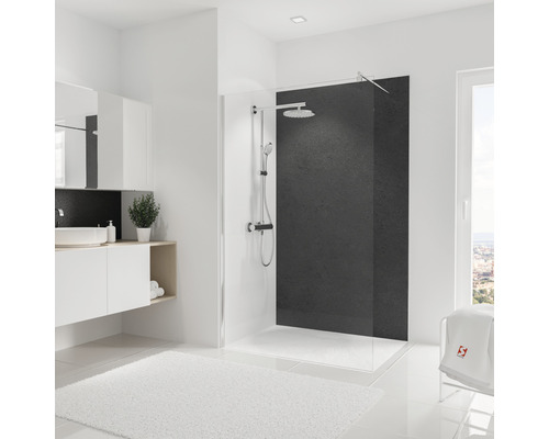 Duschrückwand Schulte Decodesign 2100x1200x3 mm Steinoptik Badezimmer mit Dusche, Waschbecken und Spiegel