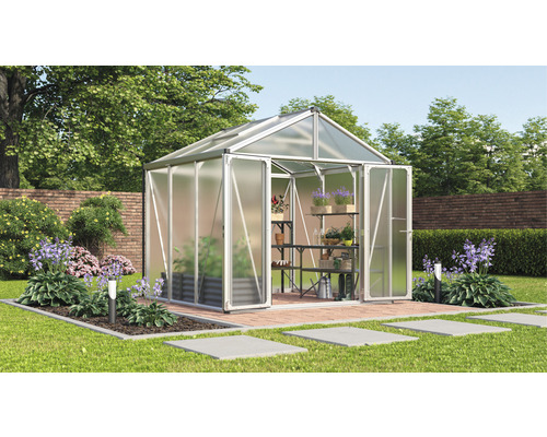 Gewächshaus Vitavia Zeus Comfort 6200 Hohlkammerplatten 16 mm 258 x 242 cm silber Gewächshaus mit Regalen im Garten