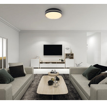 Wohnzimmer mit Deckenleuchte, Sofas und Fernseher