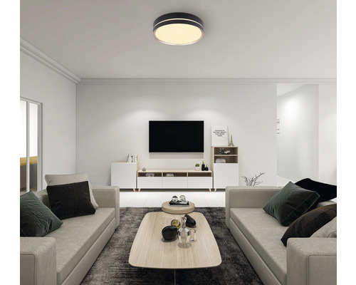 Wohnzimmer mit Deckenleuchte, Sofas und Fernseher