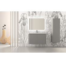 Modernes Badezimmer mit Waschbeckenunterschrank, Spiegelschrank und floralem Wanddekor