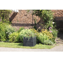 Quadratischer Pflanzkasten aus Kunststoff in einem Garten mit Blumen