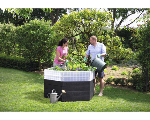 Personen bepflanzen ein Hochbeet im Garten mit einer Gießkanne daneben.