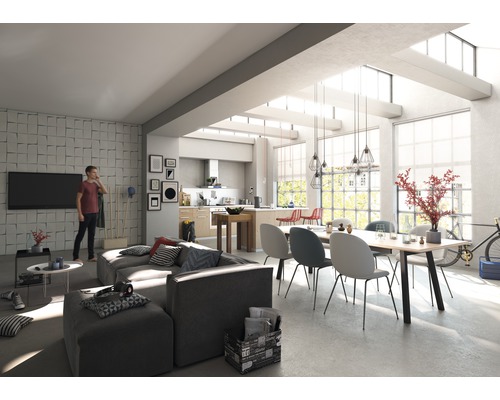 Helles Wohnzimmer mit Sofa, Esstisch, Stühlen und offener Küche