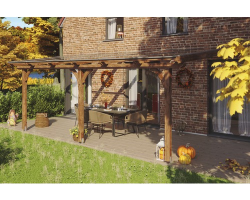 Terrassenüberdachung SKAN HOLZ Rimini 648x250 cm nußbaum Holzterrasse mit Terrassenüberdachung, Tisch und Stühlen vor einem Backsteinhaus