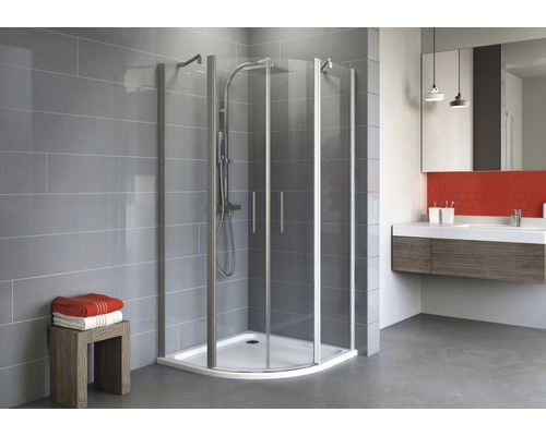Runddusche mit Drehtür Schulte ExpressPlus Alexa Style 2.0 Radius 500 mm 900x900x1920 mm Echtglas Klar hell alunatur mit schmutzabweisender Glasbeschichtung Eckdusche mit Duschwanne in modernem Badezimmer