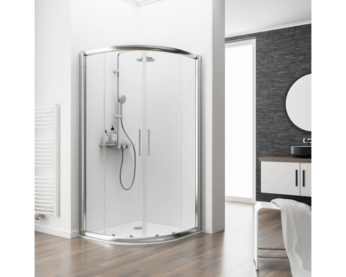 Runddusche mit Schiebetür Schulte ExpressPlus Kristall/Trend Radius 550 mm 900x900x1850 mm Echtglas Klar hell chromoptik mit schmutzabweisender Glasbeschichtung Eckdusche mit Duschgarnitur in Badezimmerumgebung
