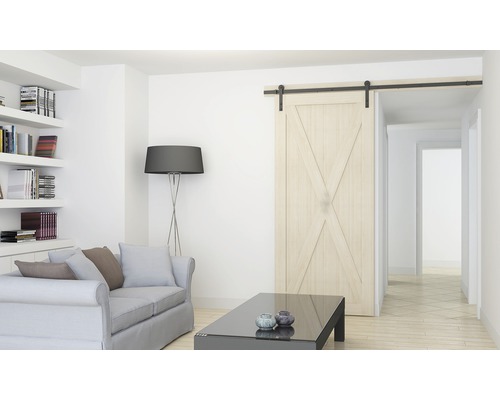 Helles Wohnzimmer mit Schiebetür im Scheunenstil, Sofa, Bücherregal und Stehlampe