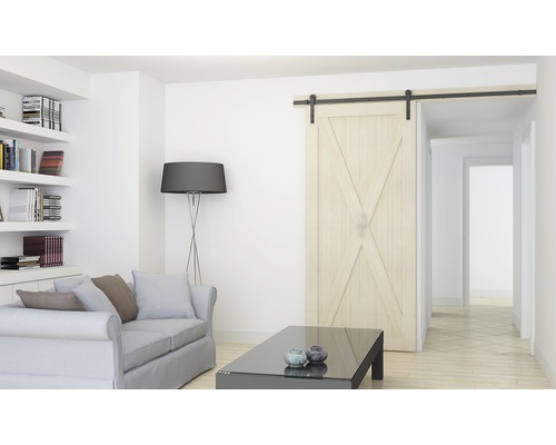 Wohnzimmer mit Schiebetür im Scheunenstil, Sofa, Tisch und Bücherregal.