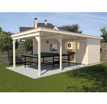 Gartenhaus mit Überdachung, Tischtennisplatte und Grillstelle im Außenbereich