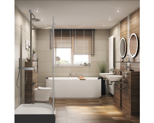 Helles Badezimmer mit Dusche, Badewanne und Doppelwaschtisch