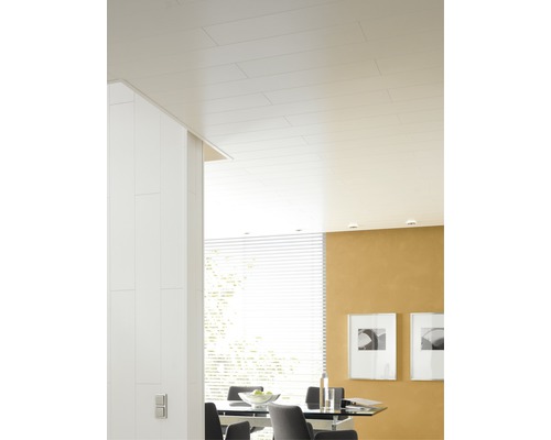 Dekorpaneel Trendy Duo Kristallweiß 10x200x1200 mm Helles Wohnzimmer mit Deckenpaneelen und Esstisch.