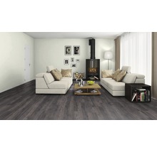 Helles Wohnzimmer mit zwei Sofas, einem Kaminofen, einem Holztisch und Laminatboden.