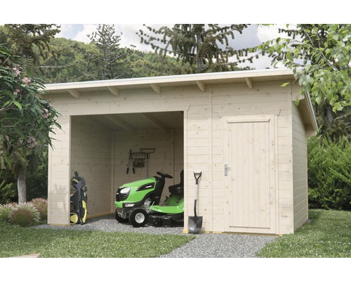 Gartenlaube SKAN HOLZ Knut mit Abstellraum 430x250 cm natur Holzgartenhaus mit Rasentraktor, Hochdruckreiniger und Gartengeräten im Außenbereich