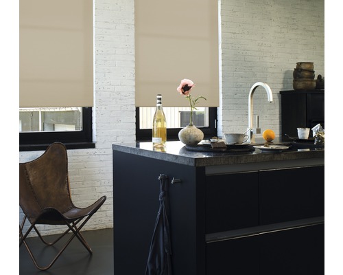 Moderne Küche mit Fenstern und Rollos