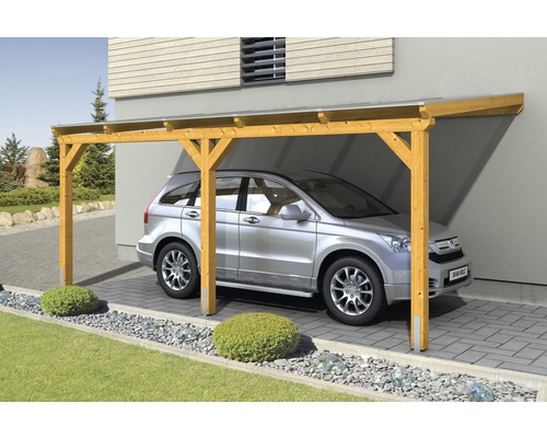 Einzelcarport SKAN HOLZ Vogtland 300x541 cm eiche hell Carport aus Holz mit Auto auf gepflastertem Untergrund