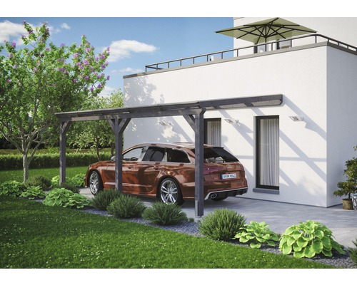 Einzelcarport SKAN HOLZ Vogtland 300x541 cm schiefergrau Auto unter Holz Carport neben Haus mit Garten
