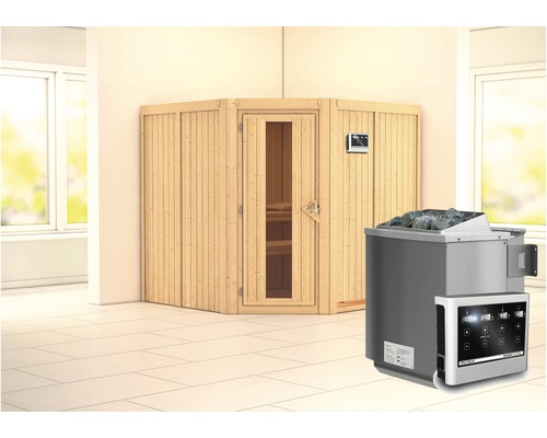 Elementsauna Karibu Jarina inkl. 9 kW Bio Ofen u.ext.Steuerung ohne Dachkranz mit Holztüre und Isolierglas wärmegedämmt