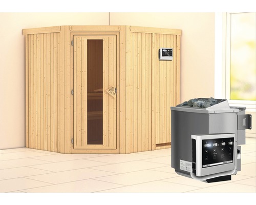 Elementsauna Karibu Siirina inkl. 9 kW Bio Ofen u.ext.Steuerung ohne Dachkranz mit Holztüre und Isolierglas wärmegedämmt