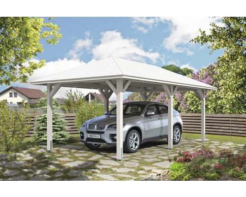 Einzelcarport SKAN HOLZ Taunus mit Pfostenankern 374x656 cm weiß Carport aus Holz mit Auto auf gepflastertem Untergrund