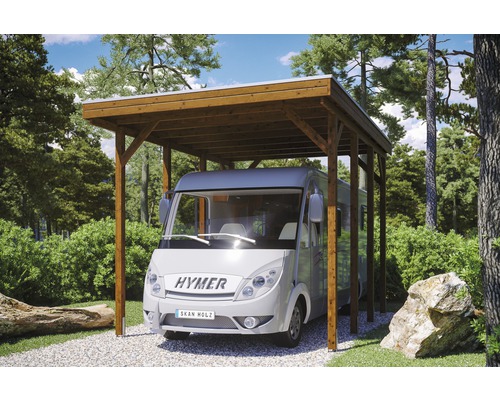 Einzelcarport SKAN HOLZ Friesland 397x555 cm nußbaum Carport aus Holz mit Wohnmobil im Garten