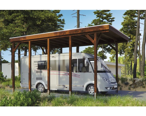 Einzelcarport SKAN HOLZ Friesland 397x708 cm nußbaum Wohnmobil unter einem Holzwagenunterstand im Freien