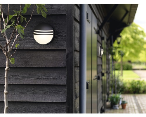 Fassade mit Außenwandleuchten und jungem Baum