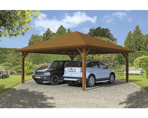 Doppelcarport SKAN HOLZ Taunus mit Pfostenankern 634x634 cm nussbaum Doppelcarport aus Holz mit zwei geparkten Autos