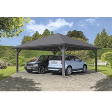 Doppelcarport aus Holz mit zwei geparkten Autos