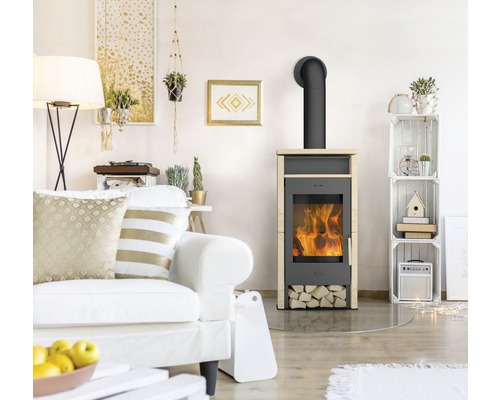 Wohnzimmer mit Kaminofen, Sofa und Dekorationen