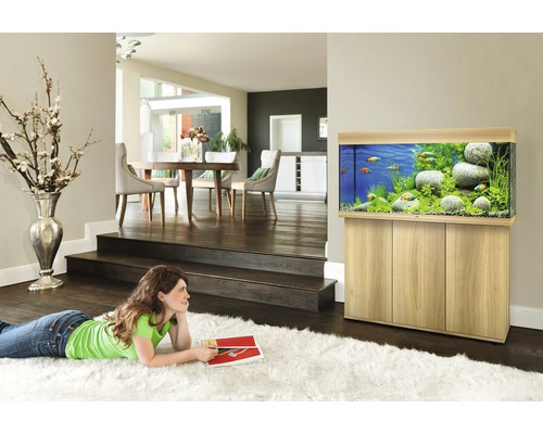 Wohnzimmer mit Aquarium auf einem Holzunterschrank und einer Frau auf einem Teppich