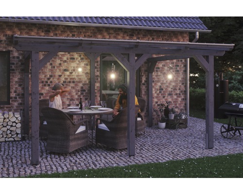 Terrassenüberdachung SKAN HOLZ Siena 434x300 cm schiefergrau Überdachter Sitzbereich mit Gartenmöbeln und Beleuchtung