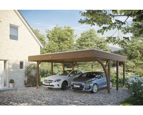 Doppelcarport SKAN HOLZ Friesland mit einem Einfahrtsbogen und Pfostenankern 557x555 cm nussbaum