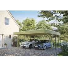 Doppelcarport aus Holz mit zwei geparkten Autos