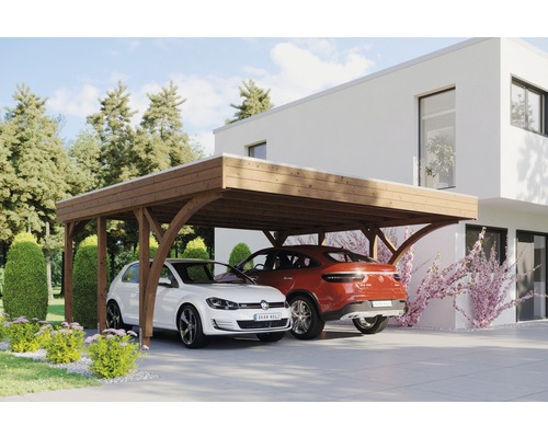 Doppelcarport SKAN HOLZ Friesland mit 2 Einfahrtsbögen und Pfostenankern 557x555 cm nussbaum