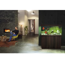 Wohnzimmer mit Aquarium, Kamin und lesendem Mann
