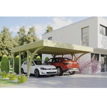 Doppelcarport aus Holz mit zwei geparkten Autos vor einem modernen Haus