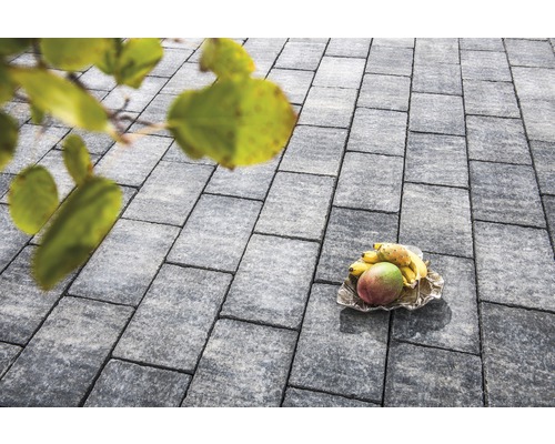 Pflastersteine aus Stein mit Obstschale im Garten