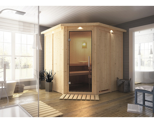 Elementsauna Karibu Piemon inkl. 9 kW Bio Ofen u.ext.Steuerung mit Dachkranz und bronzierter Ganzglastüre