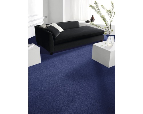 Blauer Teppichboden in einem hellen Raum mit Sofa und Tisch