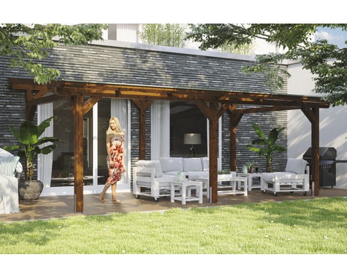 Terrassenüberdachung SKAN HOLZ Siena 648x350 cm nußbaum Terrasse mit Holzpergola und Gartenmöbeln