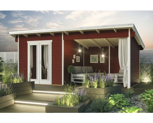 Gartenhaus Skanholz Texel inkl. Fußboden 550 x 250 cm schwedischrot Gartenhaus mit Terrasse und Bepflanzung