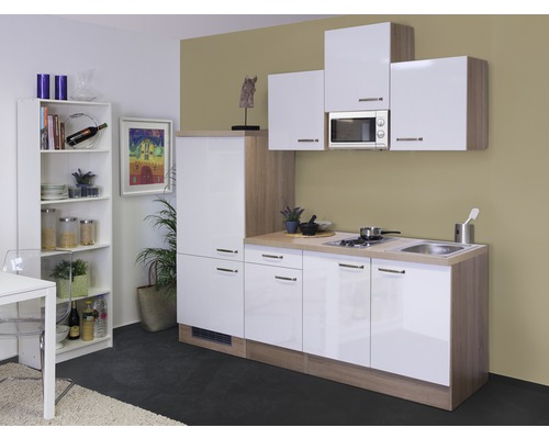 Küchenblock Flex Well Valero 7994 weiß hochglanz/Sonoma Eiche 210 cm inkl. Einbaugeräte