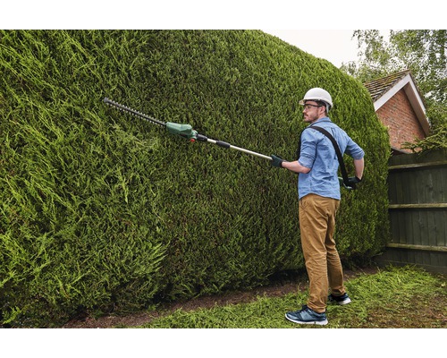 Mann schneidet Hecke mit einer Akku-Heckenschere