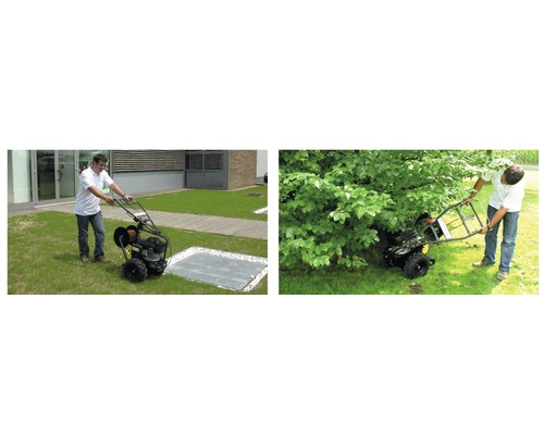 Bilder zeigen eine Motorhacke bei der Gartenarbeit.