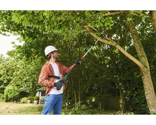 Mann mit Schutzhelm schneidet Äste mit einer Hochentaster im Garten.