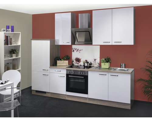 Küchenblock Flex Well Valero 8609 weiß hochglanz/Sonoma Eiche 270 cm inkl. Einbaugeräte