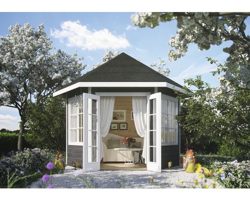 Gartenlaube SKAN HOLZ She Shed Almelo 350 x 303 cm schiefergrau Gartenhaus mit offenstehenden Doppeltüren, umgeben von blühenden Bäumen und Blumen