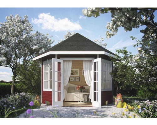 Gartenlaube SKAN HOLZ She Shed Almelo 350 x 303 cm schwedenrot Gartenoase mit Pavillon, Sitzmöbeln und Blumen